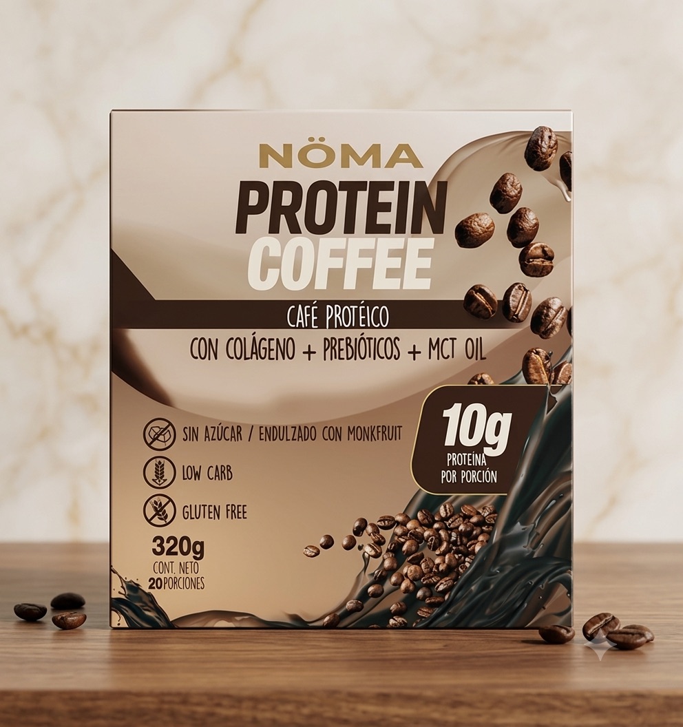 Caja de NÖMA Protein Coffee junto a un vaso de café frío con crema.