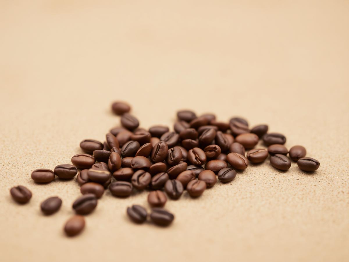 Granos de café tostado sobre un fondo arenoso cálido.